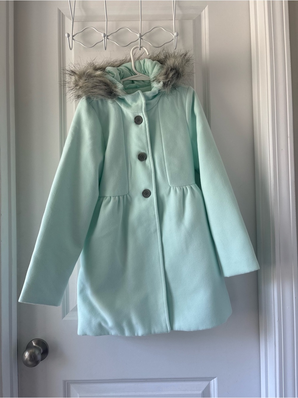 Cat & Jack Mint Green Girls' Hooded Pea Coat with Faux Fur Trim Worn Once